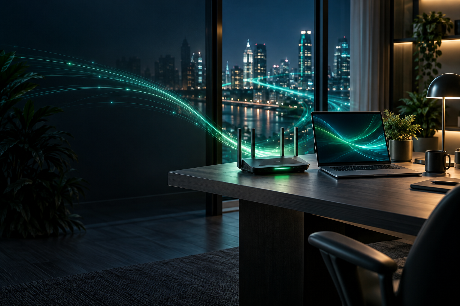 Wi-Fi router and laptop connected through a glowing city network