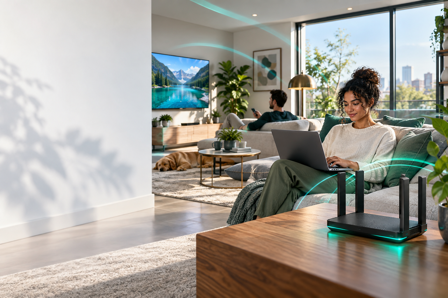 Modern home with a Wi-Fi router supporting laptop and TV connectivity